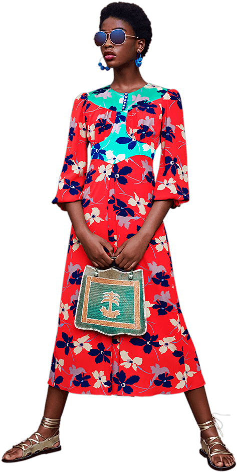 AI fashion model in floral red dress