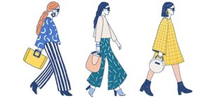 Three women created by Generative AI in different outfits walking